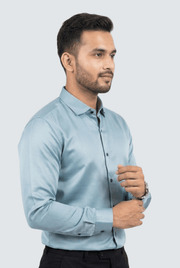 Sky blue satin smart-fit button-up shirt, side view with long sleeves