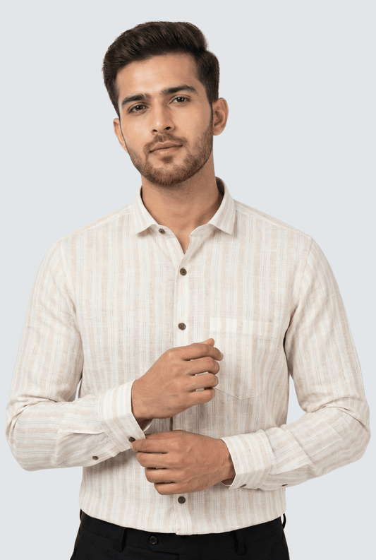 Soft Cream Pure Linen Solid Shirt for Men | Regular Fit - KITES CLUB