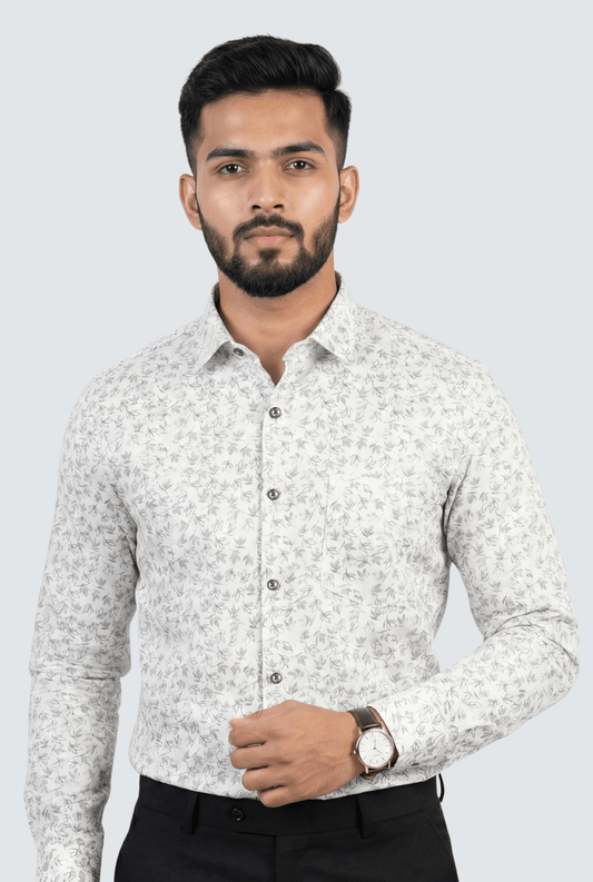 White & black printed poly satin shirt for men – premium formal shirt