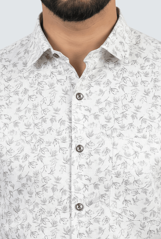 White printed poly satin shirt fabric design with black print