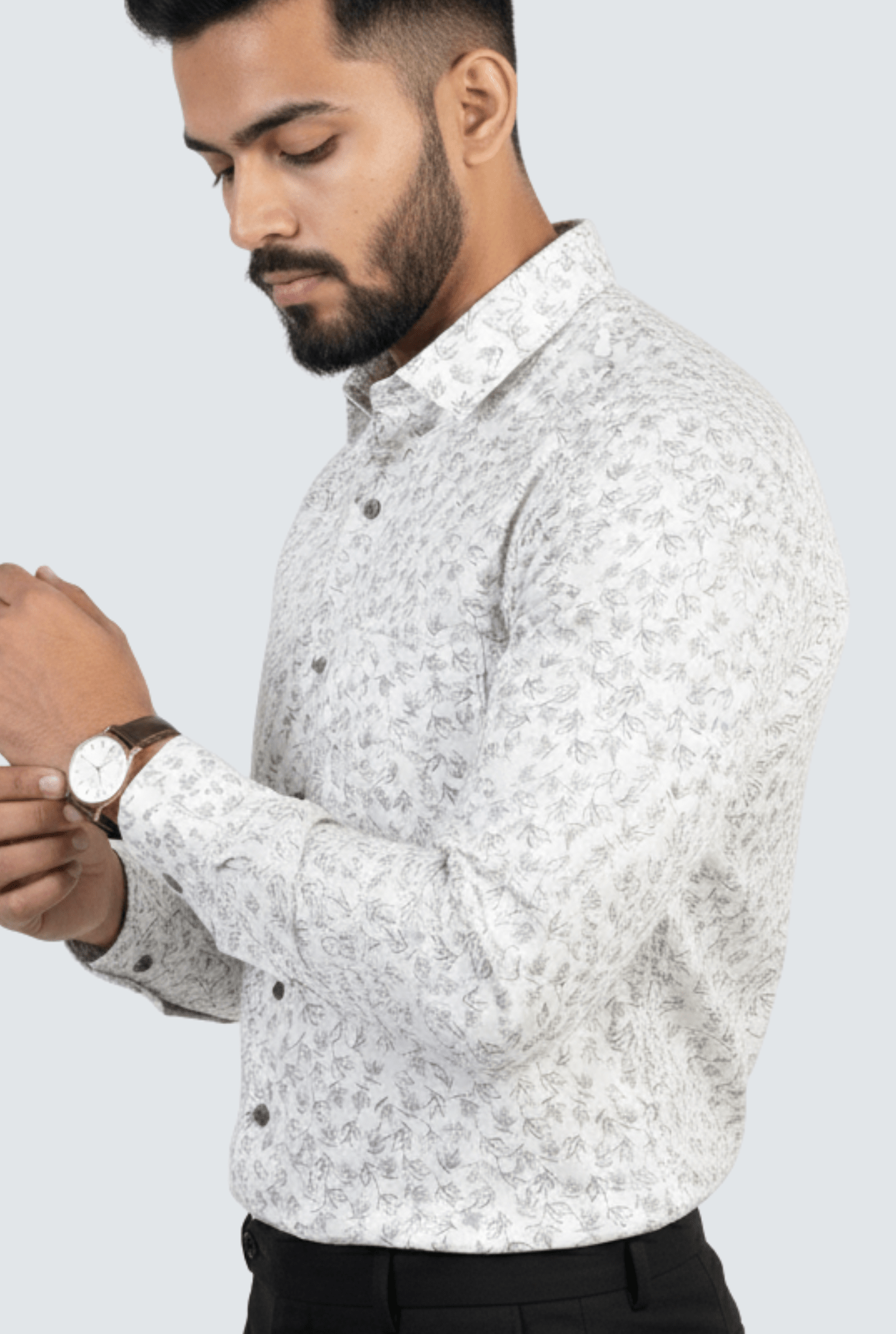 Men’s white poly satin printed shirt side view – stylish formal wear