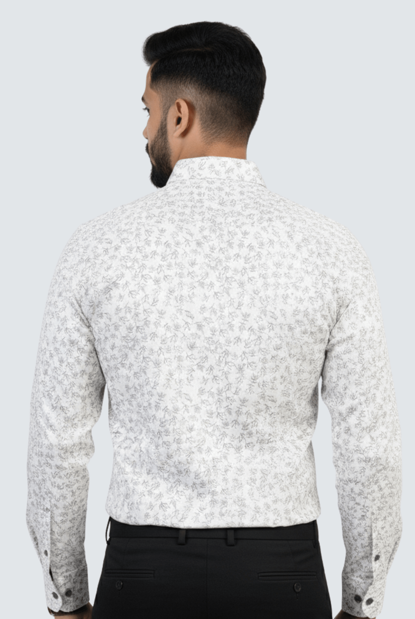 White poly satin printed shirt back view for men
