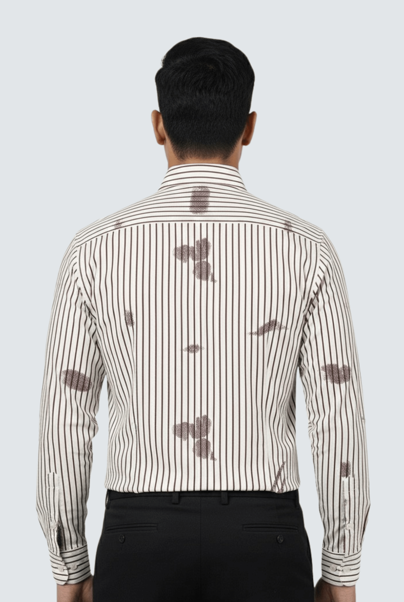 “Back view of men’s cream striped printed shirt – regular fit”