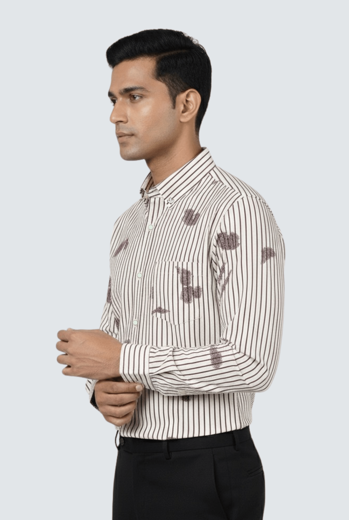 “Side view of men’s cream striped printed shirt – regular fit”