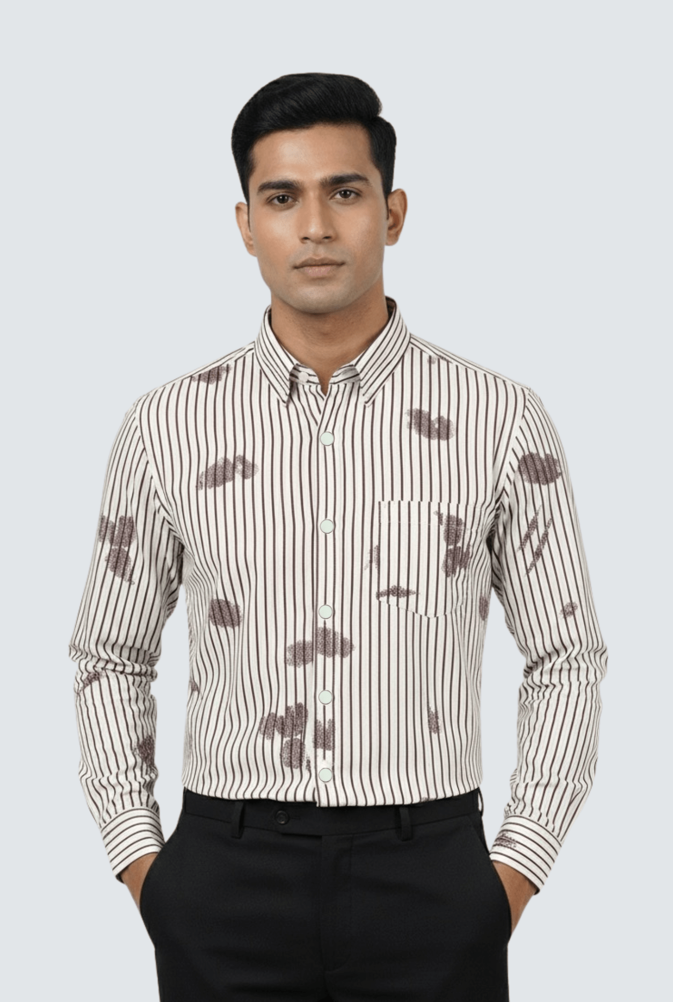 “Men’s cream striped printed shirt – regular fit front view”