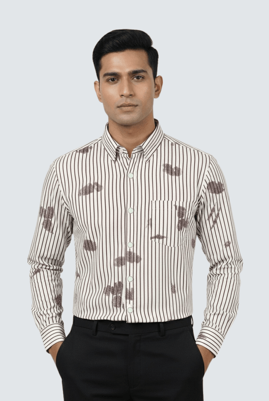 “Men’s cream striped printed shirt – regular fit front view”