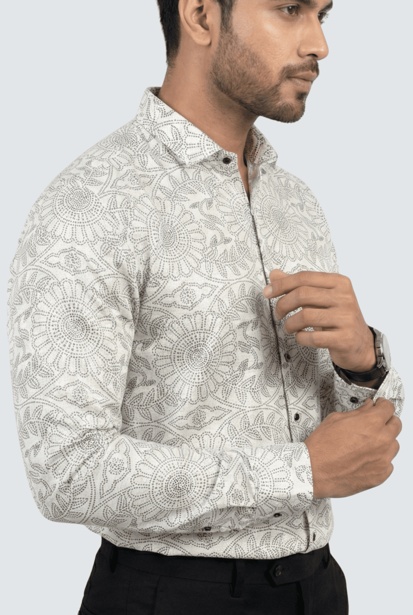 Side view of white cotton dobby shirt with brown print, slim fit men’s shirt