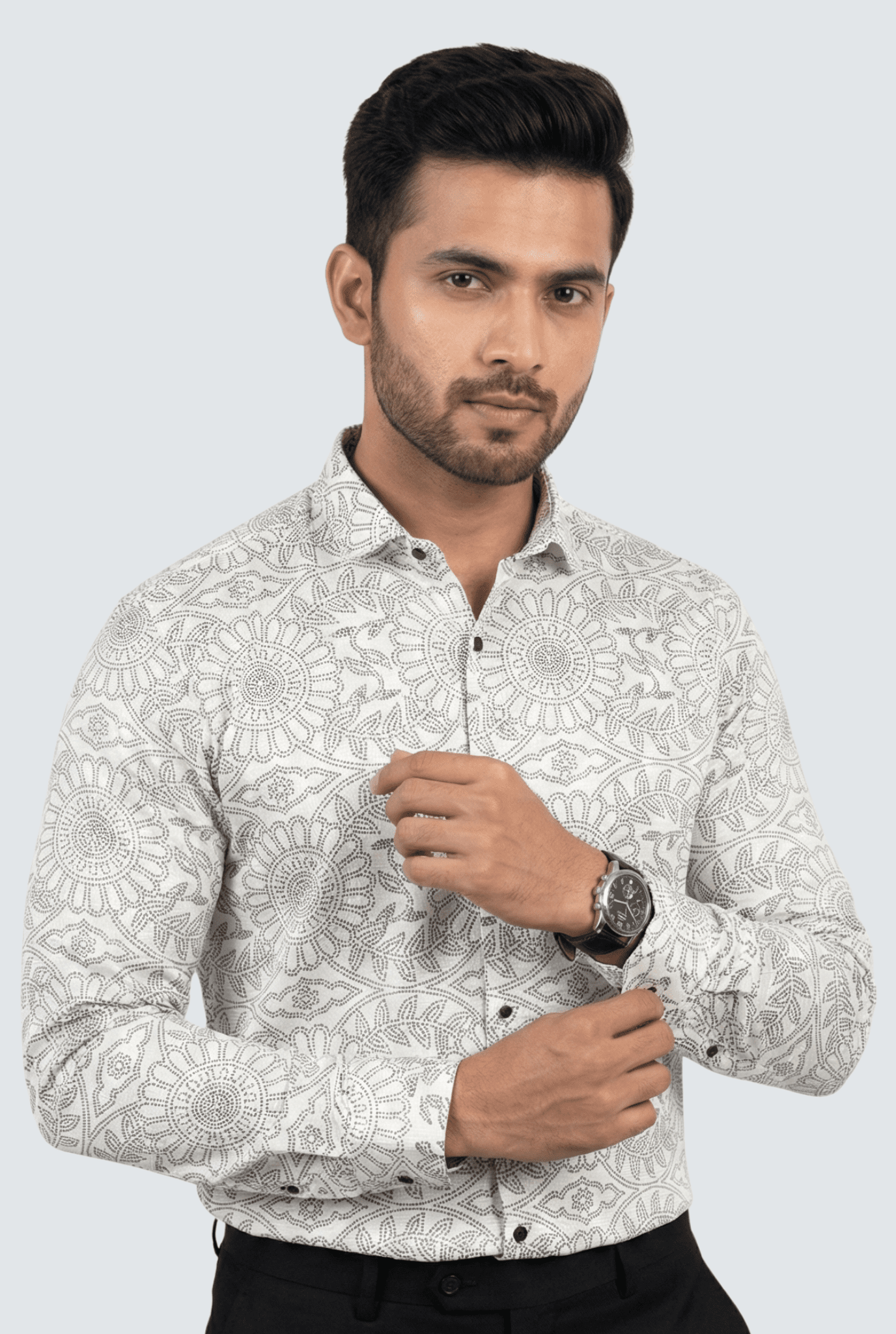 White cotton dobby shirt with brown print for men, slim fit casual wear – Kites Club