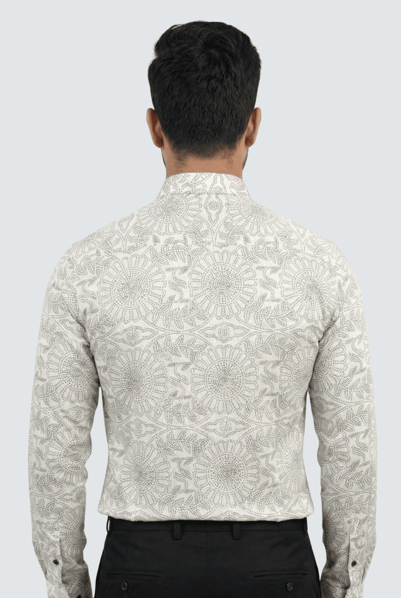 Back view of white cotton dobby shirt with brown print for men