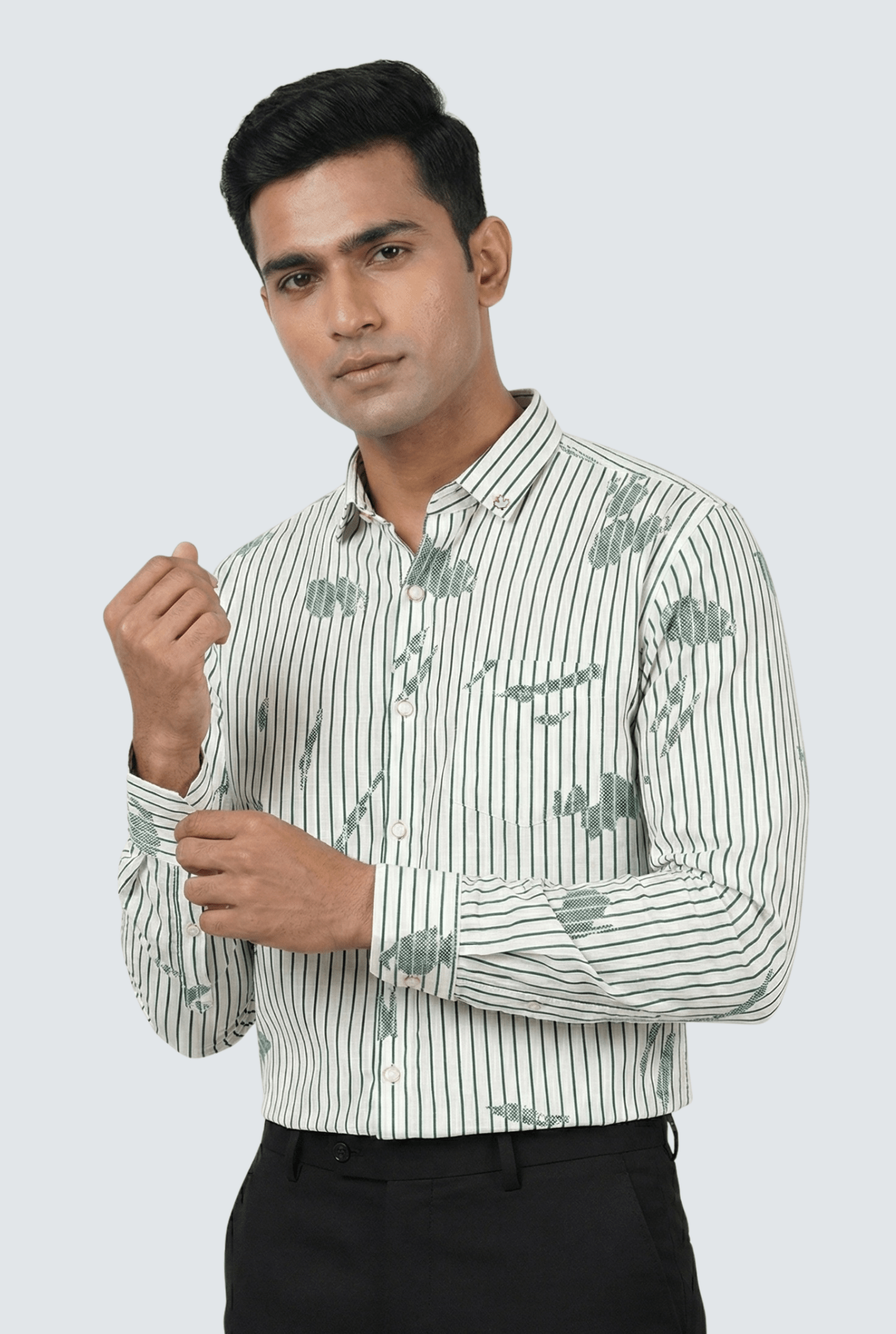 “Side view of men’s white and green striped printed shirt – regular fit”