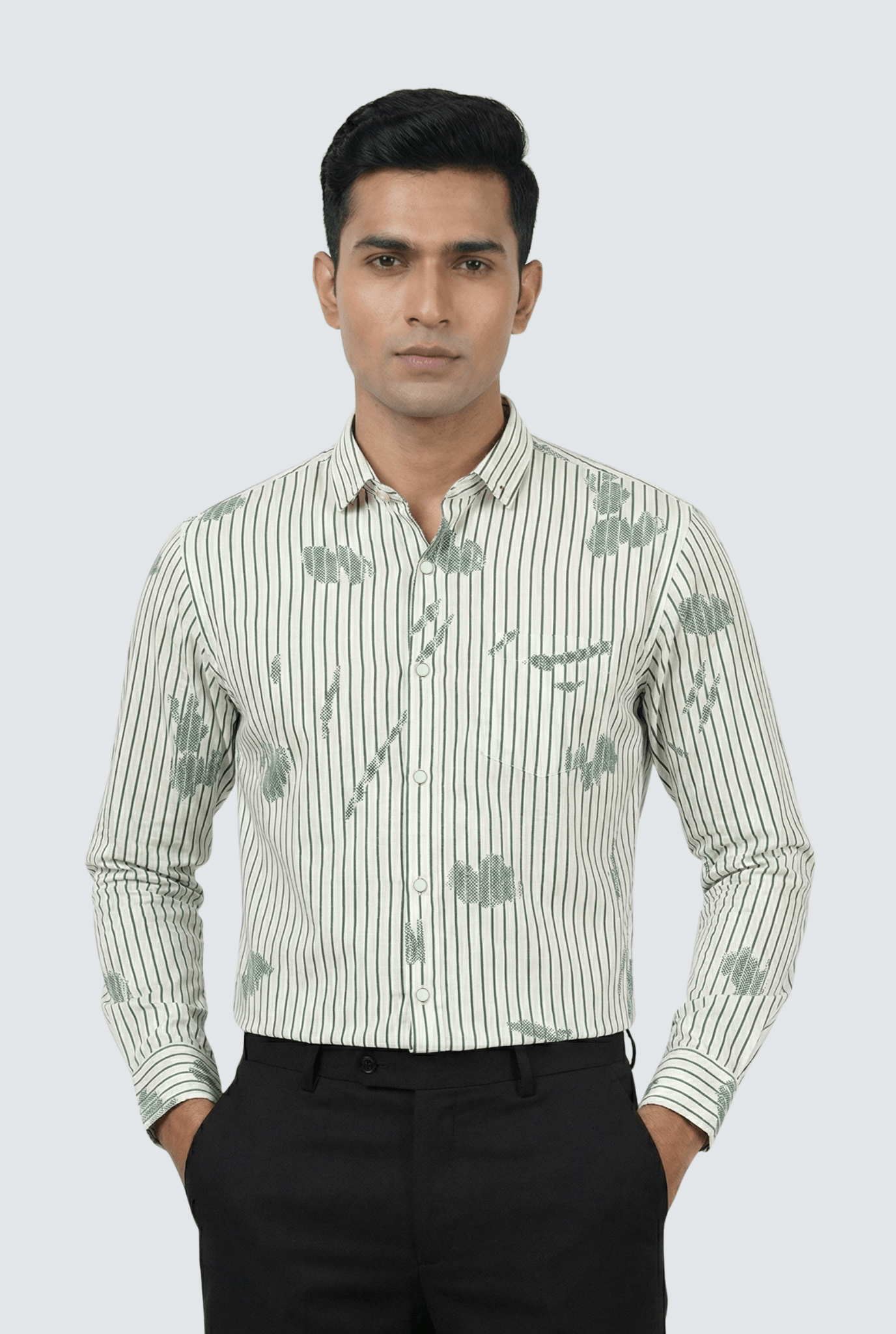 “Men’s white and green striped printed shirt – regular fit front view”