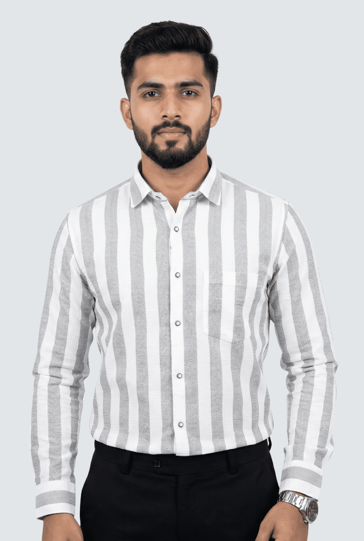 White & Grey Stripe Waffle Dobby Cotton Shirt - KITES CLUB