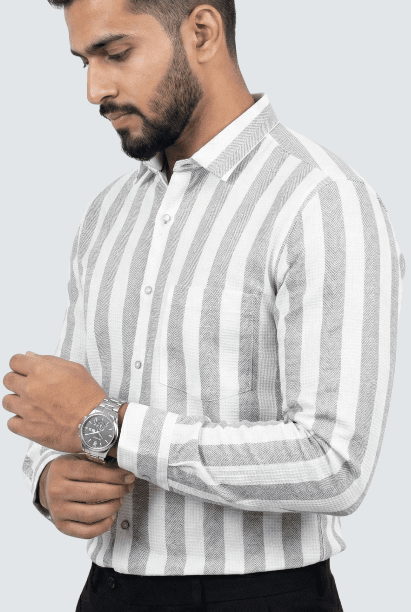 White & Grey Stripe Waffle Dobby Cotton Shirt - KITES CLUB