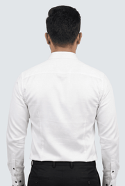 Men's white satin dress shirt back view with buttoned yoke and long sleeves