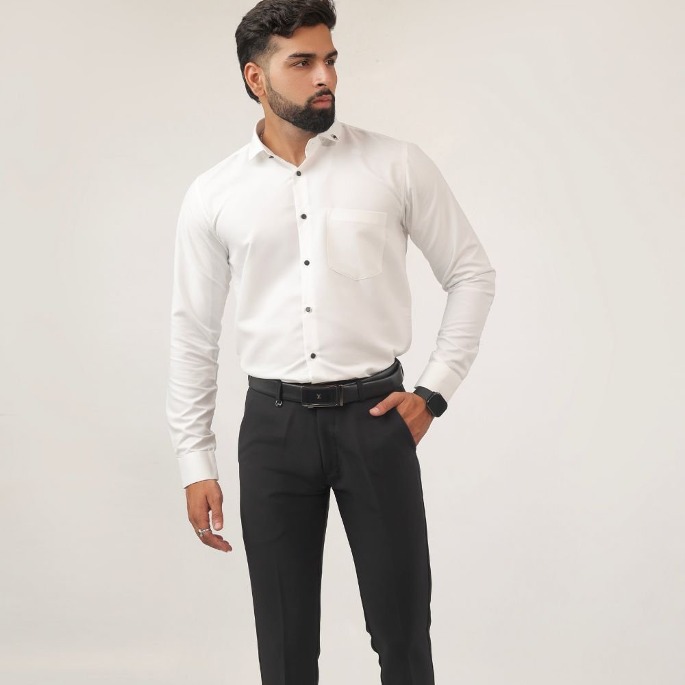 Model wearing white cotton shirt – formal men's look