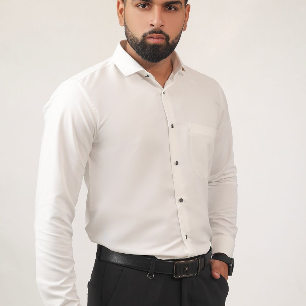Side view of white slim fit cotton shirt for men