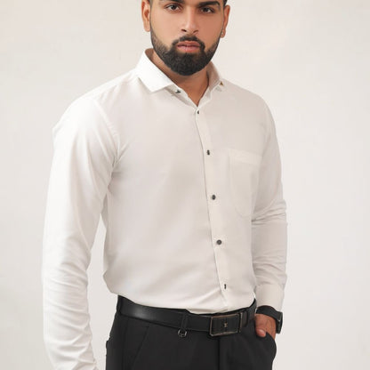 Side view of white slim fit cotton shirt for men